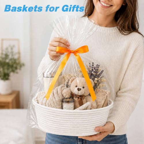 Image of Empty Gift Basket with Gift Bag & Ribbon, Woven Rope Basket, 12x8x5 inch