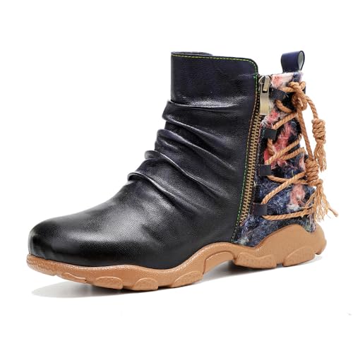 Bottines de combat vintage floral femme avec doublure fourrure et zip