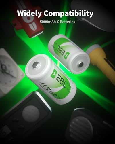 Image of EBL Rechargeable C Batteries 4 Pack, 5000mAh High Capicity Ni-MH C Size Battery for Flashlights, Radio, 1200 Cycles