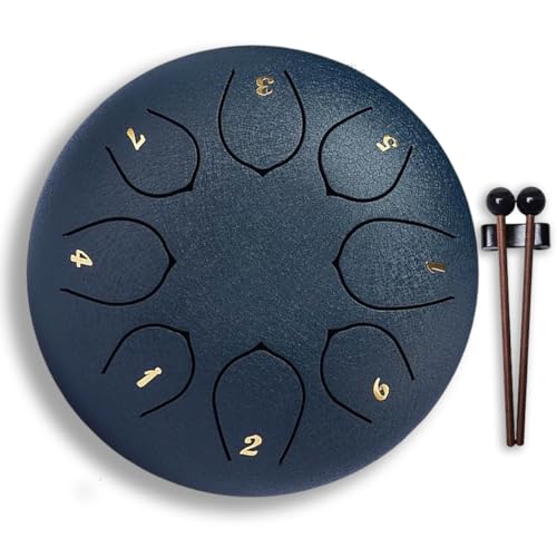 Ic Iclimetree Steel Tongue Drum – 6Inch 8 Note Rain Drum for Outside Garden, Meditation & Music Education Soothing, Hand-Tuned Steel Drum Instrument & Music Gift for Family, Friends & Kids(Navy Blue)