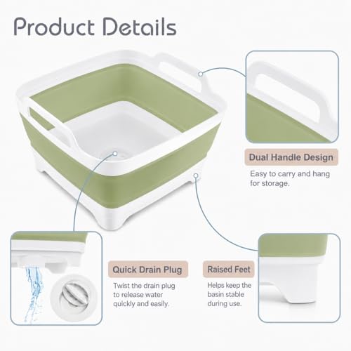 2.4 Gal(9L) Collapsible Dish Basin with Drain Plug, Space Saving Outdoor Multiuse Foldable Sink Tub, Dishpan, Kitchen Storage Tray for Camping, Vegetable Washing, RV (Green) - Image 3
