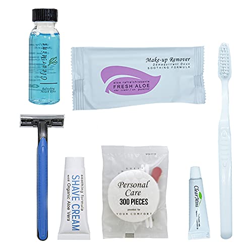 Personal Care Travel Size Toiletries | 1-Shoppe All-In-Kit Hotel Amenities Bulk | Travel Shaving Set, Toothbrush & Paste, Mouthwash, Makeup Wipes, Swabs, Nail File & Sewing Kit | 300 Pcs