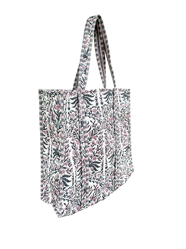 Image of Quilted Cotton Handprinted Reversible Large multicolor Floral Tote Bag,Hand Block Print Shopping Shoulder Carry Bag