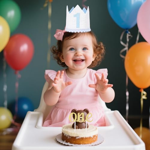 1st Birthday Decorations for Boys Girls -One Birthday Banner, Crown Hat, Cake Toppers for Baby Shower Party Decor (Blue 1) - Image 3