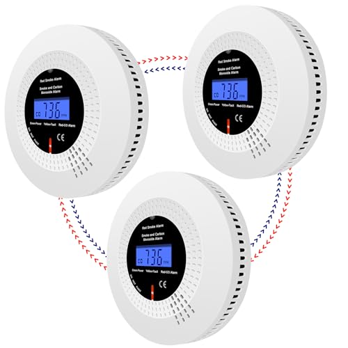 iMeistek - Alarmas inalámbricas interconectadas de humo y monóxido de carbono para el hogar, detector combinado de humo y CO con pantalla LCD, vida útil de 10 años, batería reemplazable, 3 piezas