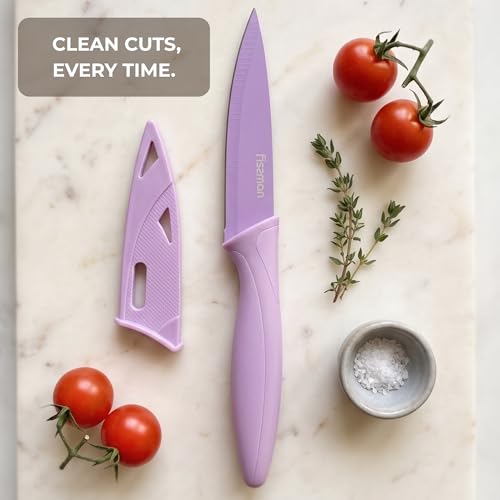 فيسمان سكين تقشير 10 سم مع غمد، سكين من الستانلس ستيل، سكين سلسلة كاراميلا، للتقشير والتقطيع والتقطيع واللحوم والفواكه والخضروات (ارجواني)