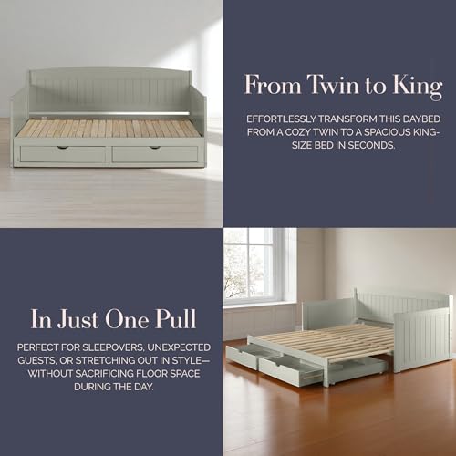 Alaterre Furniture Harmony Twin to King Daybed with Pop Up Trundle Bed - Solid Wood Twin Day Bed with 2 Pull-Out Storage Drawers and 400lb Capacity - For Kids, Guest Room, Living Room (Dove Gray)