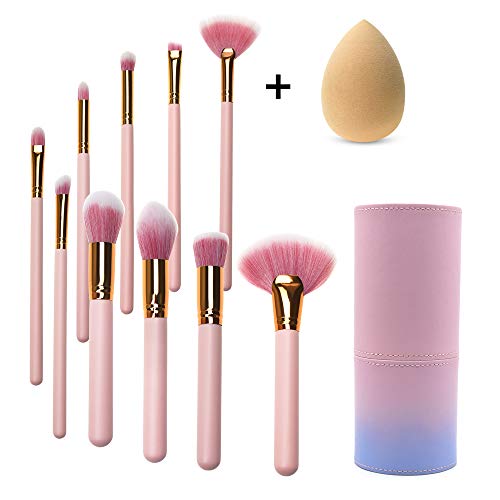 Xixihaha Makeup Brushes Set 10 PCs Flat Foundation Blush Eyeliner Eyeshadow Brushes +Makeup Sponge+Graduated Color Brush Case