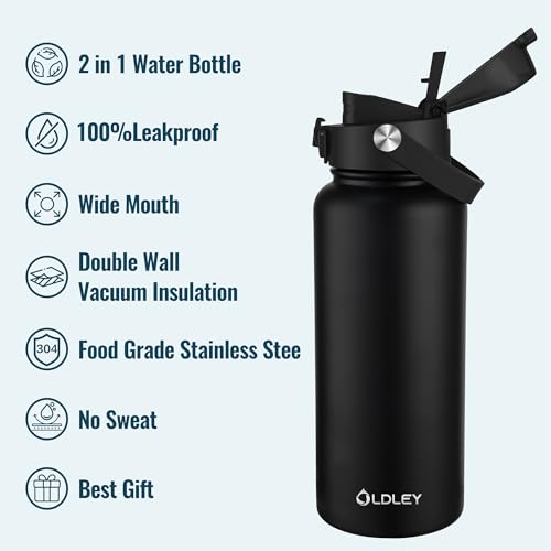 Image of OLDLEY 32oz Insulated Water Bottle with 2-in-1 Straw & Chug Lid, Leakproof Stainless Steel Bottle, Double Wall Vacuum Insulated Water Bottle for Sports, Gym, Travel,Black