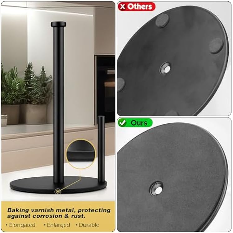 Black Paper Towel Holder, Countertop Paper Towel Holder, Steady Paper Roll Holder, Weighted Paper Towel Stand for Kitchen Bathroom