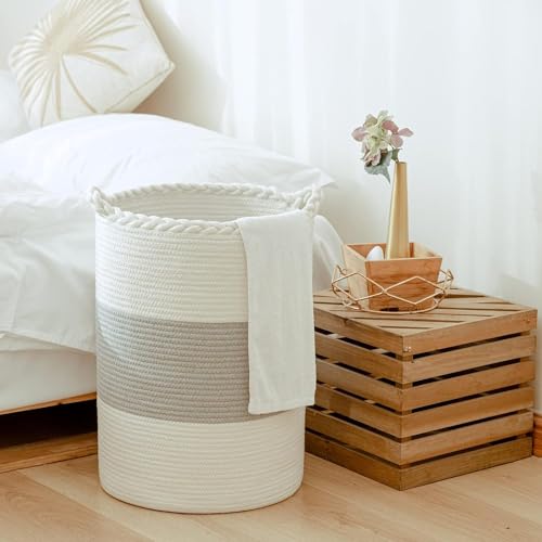 Image of ALBY Woven,Tall Wicker Laundry Basket for Blankets,Clothes,Pillows,Toys,Shoes Large Cotton Laundry Hamper for Bedroom Living Room Bathroom Nursery (58L / Large 15 inchD x 20 inchH, GreyA)