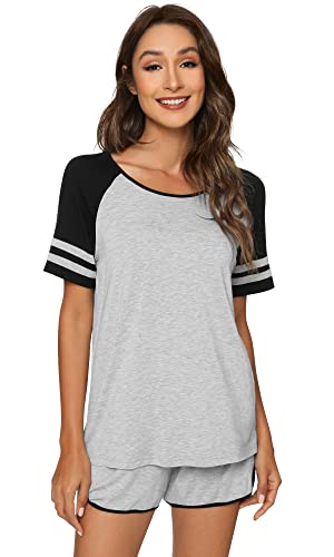 WiWi Conjunto de pijama de bambú para mujer, 2 piezas, conjunto de pijama suave, ropa de dormir de manga corta con pantalones cortos, ropa de dormir S-XXL, Gris claro jaspeado, S