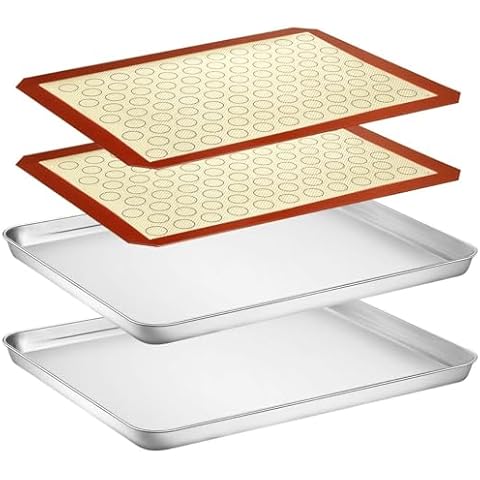 Baking Sheet with Silicone Mat Set, Yododo Set of 4 (2 Sheets + 2 Mats), Stainless Steel Cookie Sheet Baking Pan with Silicone Baking Mat, Size 16 x 12 x 1 inch, Non Toxic & Heavy Duty & Easy Clean Cover