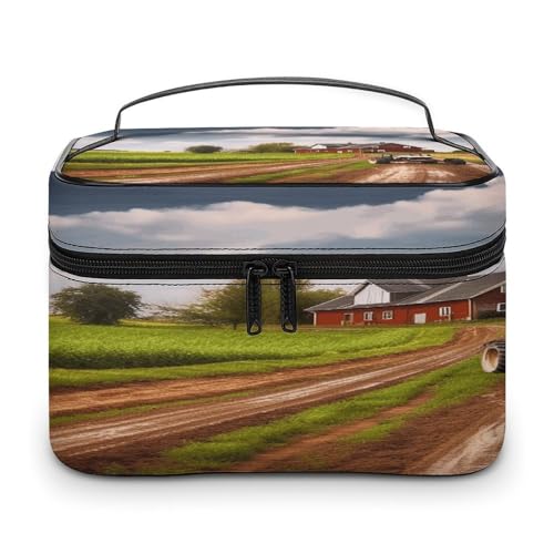Travel Toiletry Bag Large Capacity Cosmetic Bag Leather Toiletry Organizer Waterproof Makeup Bags Portable Makeup Pouch Country Road with Farm And Tractor Shaving Bags Wide-open Travel Bag for Women