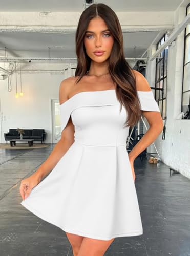Image of XXTAXN Women's Sexy Off Shoulder Sleeveless Wedding Guest Party Club A Line Mini Dress White