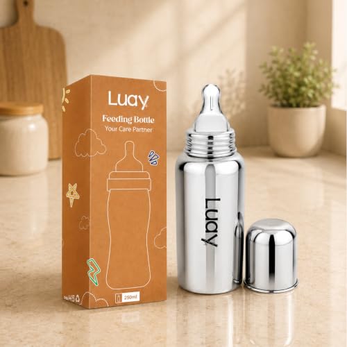 Image of LUAY Baby Steel Feeding Bottle 250ml | Baby Milk Bottle with Advanced Anti Colic Valve, BPA Free, Soft Silicone Teat, Wide Neck for Babies /Infants /Newborns (Pack of 2)