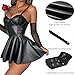Satohom Women Sexy Leather Lingerie Set,Push Up Babydoll Underwear V Neck Shiny Rave Outfits Wetlook Cosplay Teddy Nightwear Black