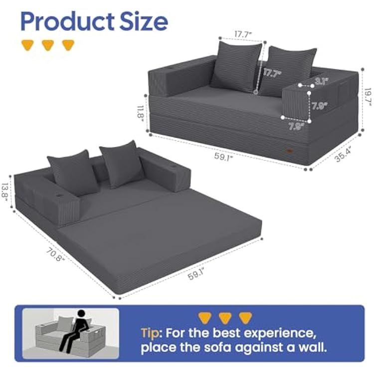 COMAX Futon Sofa Bed, 4in1 Convertible Sofa Bed, Folding Boneless Couches for Living Room, Fold Out Small Foldable Loveseat Floor Sleeper Comfy Mattress Lounge SpaceSaving, Grey