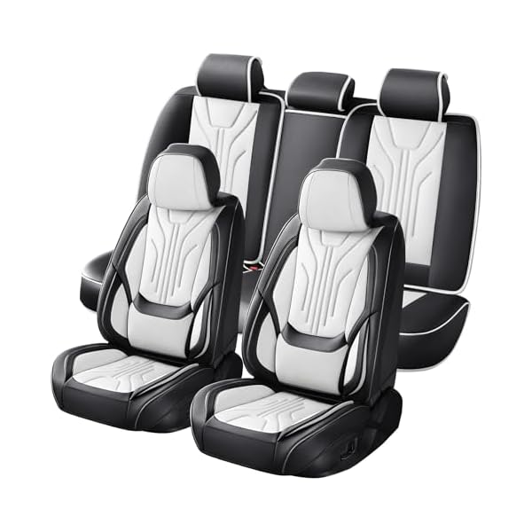 Car Seat Covers Full Set, Universal Fit Faux Leather Cushion Protector, Waterproof Non-Slip Automotive Interior Accessories for Sedans, SUVs, Trucks (Black&White) (Fullset)