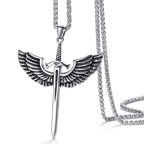 Moolee Mens Stainless Steel Pendant Necklace Angel Wings Sword Cross Pendant with 24 Inches Link Chain3
