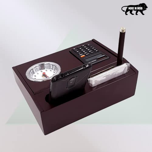 Image of All in One Multi Storage Wooden Desk Organizer for Office Table & Student Desk, Wooden Pen Stand for Office Table with Clock Calculator Drawer, Pen Holder & Mobile Holder Stand