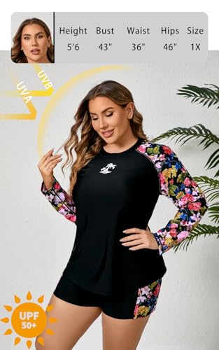 Women Plus Size Two Piece Long Sleeve Rash Guard Sets Built in Bra Swim Shirt Top and Shorts with Pockets UPF50+2