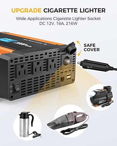 Ampeak Upgrade 2000W Power Inverter 12V to 110V 17 Safe Protections Inverter LCD Display 3AC Outlets 4.8A Dual USB Ports Cigarette Lighter Car Inverter