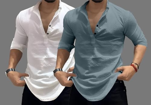 Image of MiraMichi Men's Cotton Blend Kurta | Kurta for Men Stylish Casual Short Kurta | Half Kurta Shirt Daily Use for Summer Season | Mandarin Collar Cotton Kurta's for Man Comfort