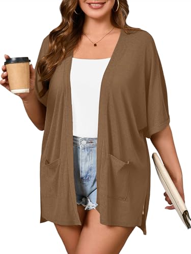 Image of AusLook Plus Size Cardigan for Women Short Sleeve Lightweight Open Front Shrug with Pockets for Dresses and Layering 1X-5X
