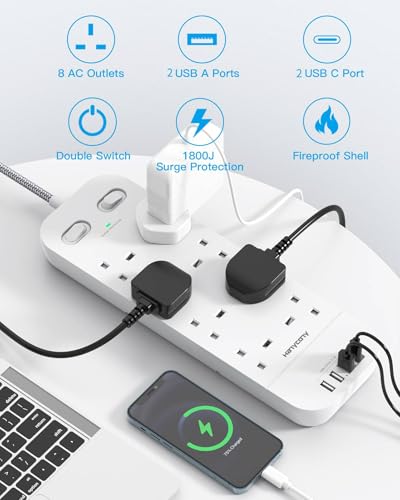 Extension Lead with 2 USB C Slots, 8 Way Outlets Power Strip with 4 USB Ports, 1800J Surge Protection Double Switch Plug Extension with 1.8M Braided Extension Cord for Home, Office - Image 3