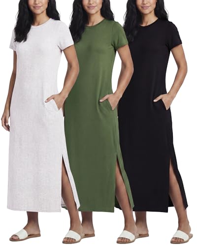 Image of Real Essentials 3 Pack Women's Casual Short Sleeve Maxi T-Shirt Dress with Slit (Available in Plus Size)