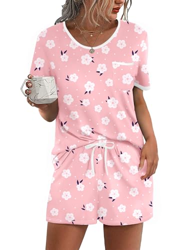 Image of Ekouaer Pajama Set for Women 2 Piece Lounge Set Short Sleeve Tops and Shorts Soft Sleepwear, Chest Pocket