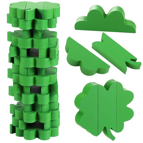Seenelling 45 Pcs St Patrick's Day Wooden Blocks Stacking Game Four Leaf Clover Blocks Game Adult Fun Green Tumbling Tower Balance Board Toy for Irish Family Activities Party Gift Decoration