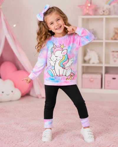 Image of Little Girls 2 Piece Outfits Ruffle Sleeve Unicorn Sweatshirts Top and Leggings Set School Outfits Kids Clothing Set