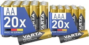VARTA Batterie 20x AA & 20x AAA, confezione da 40, pile Mix Pack, Power on Demand, Alcaline, pacco di stoccaggio in confezione ecologica, Made in Germany [Esclusivo su Amazon]