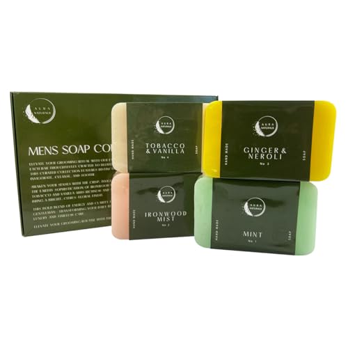 Aura Naturals Mens Soap Bar Set of 4 - Mint Ironwood Mist Ginger & Neroli Tobacco & Vanilla Scented Men Soap for Exfoliating Face Wash Body & Shower - 150g Each - Luxury Man Spa Gift Pack