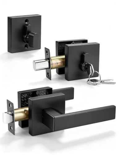 Image of Tinewa 1 Pack Black Passage Door Lever with Single Cylinder Deadbolt, Exterior Square Door Handle with Deadbolt, Modern Door Lock Handleset Keyed Alike