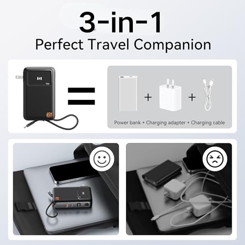 Image of Selore&S-Global 3-in-1 Portable Phone Charger with Wall Plug, 10000mAh USB-C Power Bank with Built in Cable, 35W Portable Battery Pack for iPhone Samsung Android & 65W Wall Charger for Laptop MacBook