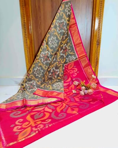 Image of AYYAPPASILK Women's Exclusive Ikkat Silk Saree for Designer Border with Contrast Blouse