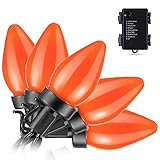 RECESKY C7 Bulbs Halloween String Lights with Built-in Timer - 50 LED 24ft Orange Battery String Lights for Outdoor, Indoor Decor, Fairy Lighting, Patio, Yard, House, Halloween Party Decorations