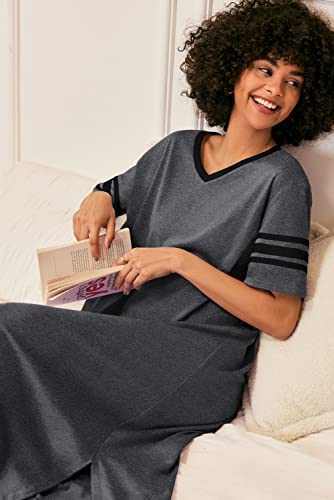 Image of Ekouaer Long Nightgown, Womens V Neck Loungewear Oversized Sleepwear Loose Sleep Dress S-4XL