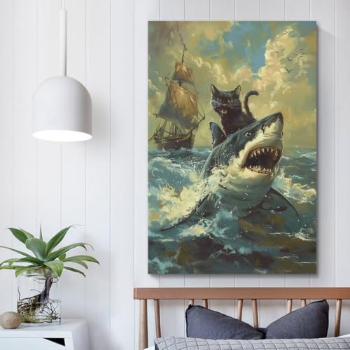 Cuadros estéticos de gato y tiburón de 20x30" para dar un toque divertido al dormitorio actual 5