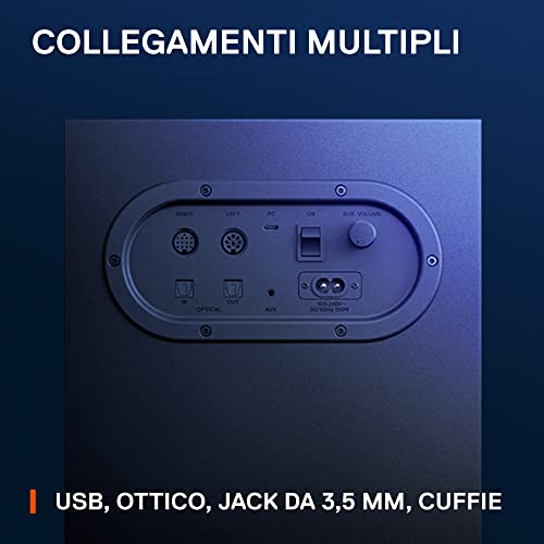 Arena 7 - Altoparlanti da gaming 2.1 illuminati - Design a 2 vie - Bassi potenti, subwoofer - Illuminazione RGB reattiva - USB, Aux, Ottico, Cablato - Bluetooth - Casse per PC - Immagine 6