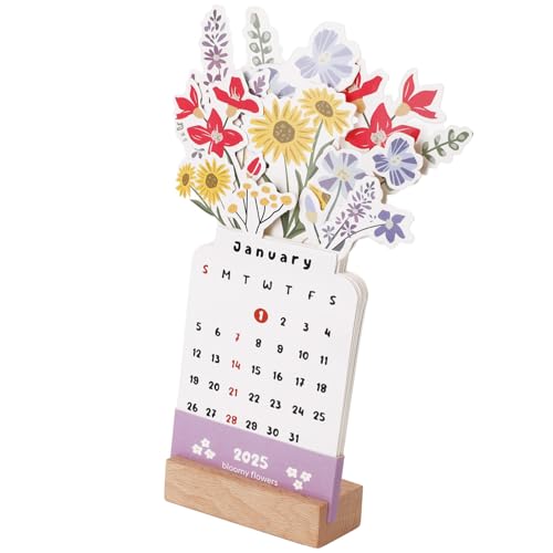 Flower Vase Calendar, Creative Flower Desk Calendar with Wooden Base Bloomy Flower Mini Desk Calendar 2025 Floral Desktop Small Desk Calendar with Base for Home Office School