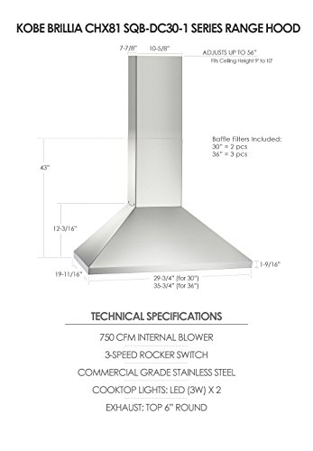 Kobe Chx8136Sqb-Dc30-1 Brillia 36-Inch Wall Mount Range Hood, 3-Speed, 750 Cfm, Fits Ceiling Height 9'-10' #TOP3