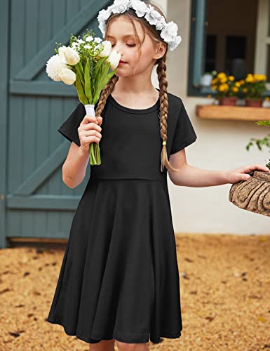 Arshiner Girl Dresses Size 7 Summer Twirly Black Dress Tshirt Solid Basic Cotton Classic Pocket Holiday School Party Dress 8 9 #TOP1
