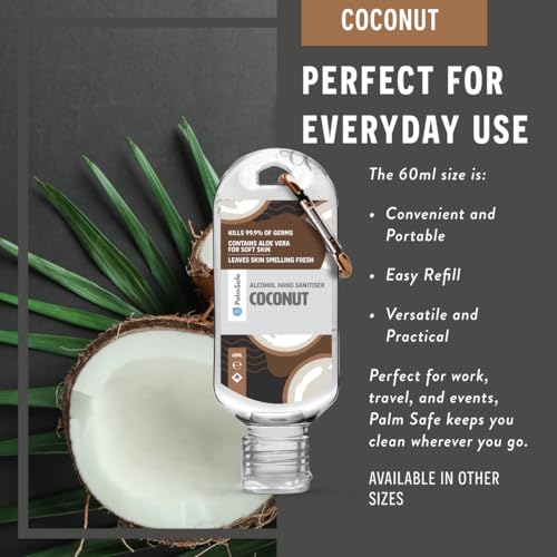 Palm Safe Coconut 60ml Anti Bacterial Premium Hand Sanitiser Travel Size Refillable Clip Bottle Quick Drying Non Sticky Extra Moisturising Kills 99.9% of Viruses and Bacteria - Image 6
