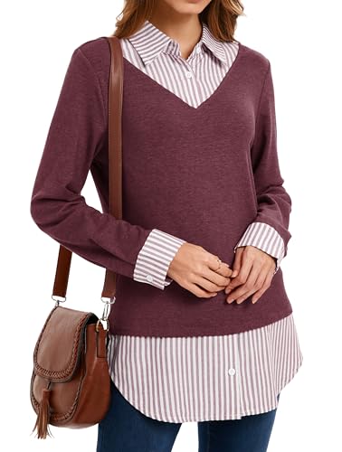 Image of Oyamiki Women's Casual Collared Curved Hem 2 in 1 Pullover Tops Plaid Contrast Shirt Blouse