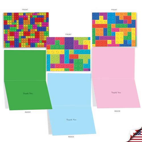 The Best Card Company 10 Kids Thank You Notes Variety Pack w/Envelopes (4 x 5.12 Inch) – Colorful Bulk Gratitude Greeting Cards Boxed Set, Boys, Camp, Class, Building Block Letters M2068 - Thumbnail 3