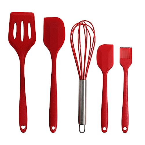 Silicone Rubber Kitchen Supplies Set Baking Tools 5PCS (Small Scraper + Large Scraper + Egg Beater + Leak Spatula + Small Oil Brush) Red